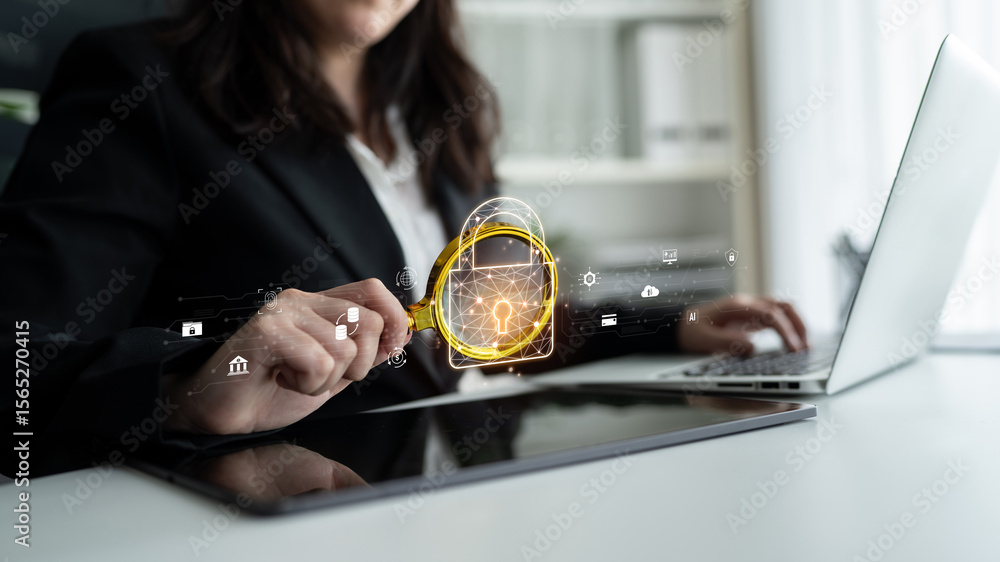 Poster cyber security safeguards data and systems. cyber security uses ai, digital security protects cloud,