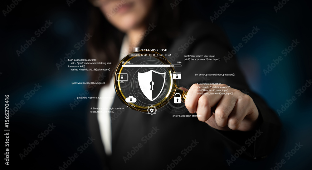 Poster cyber security protects against breaches, hacks, and network attacks using strong infrastructure and