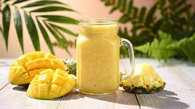 Tropical Fruit Smoothie on Light Wooden Surface with Fresh Slices