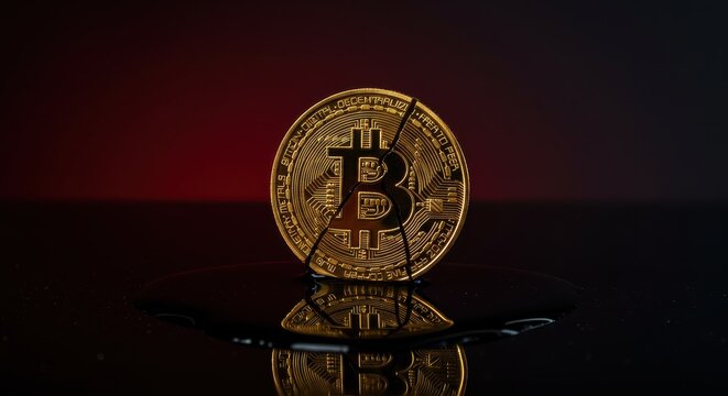 Cracked Bitcoin coin symbolizing financial instability in cryptocurrency