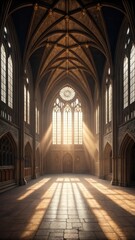 Fototapeta premium Sunlight streams through grand gothic cathedral interior with ornate vaulted ceiling