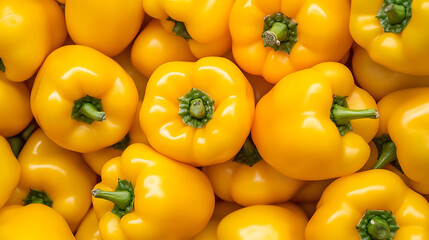 A vibrant pile of ripe yellow bell peppers, showcasing their smooth skin, fresh green stems, and inviting color. Harvested and ready to be enjoyed.