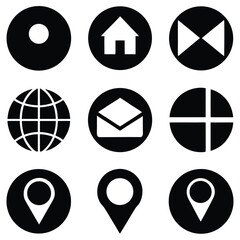 Grid of Black Solid and Outlined Icons Home Location Globe Email Telephone for Navigation.
