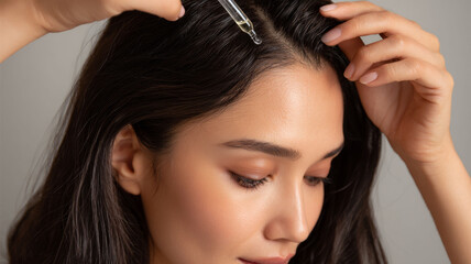 Naklejka premium Serum hair dark, woman applying hair serum, close up beauty care, healthy scalp treatment, natural hair care, skincare routine