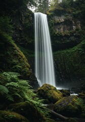 Obraz premium Tall forest waterfall cascading over mossy rocks with misty base