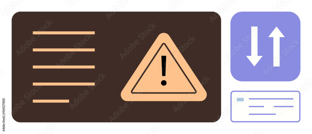 Poster warning triangle with exclamation mark dominates alongside data transfer arrows and an information c