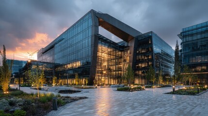 Architecture modern A corporate HQ with a double-skin façade dynamic sunshades and a central sky atrium