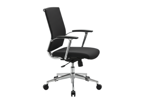 A single black ergonomic office chair, fabric upholstered with adjustable armrests and a shiny chrome five-star base on smooth-rolling caster wheels, isolated against a transparent background in a