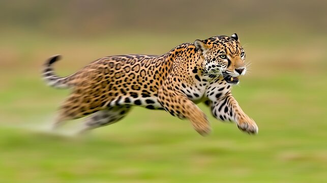 Pouncing jaguar with chromatic aberration effect, jungle colors smearing