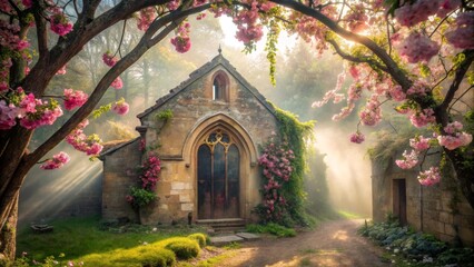 Enchanted stone chapel bathed in morning sunlight, framed by blossoming pink trees, ethereal mist softly veiling the scene