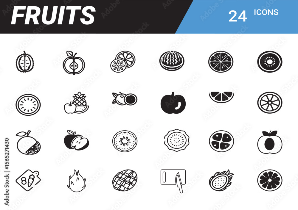 Poster fruit icons: a set of line art illustrations showcasing an array of fruits, each meticulously design