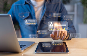 Personal interaction with floating 5-star digital customer reviews, showcasing positive ratings,...