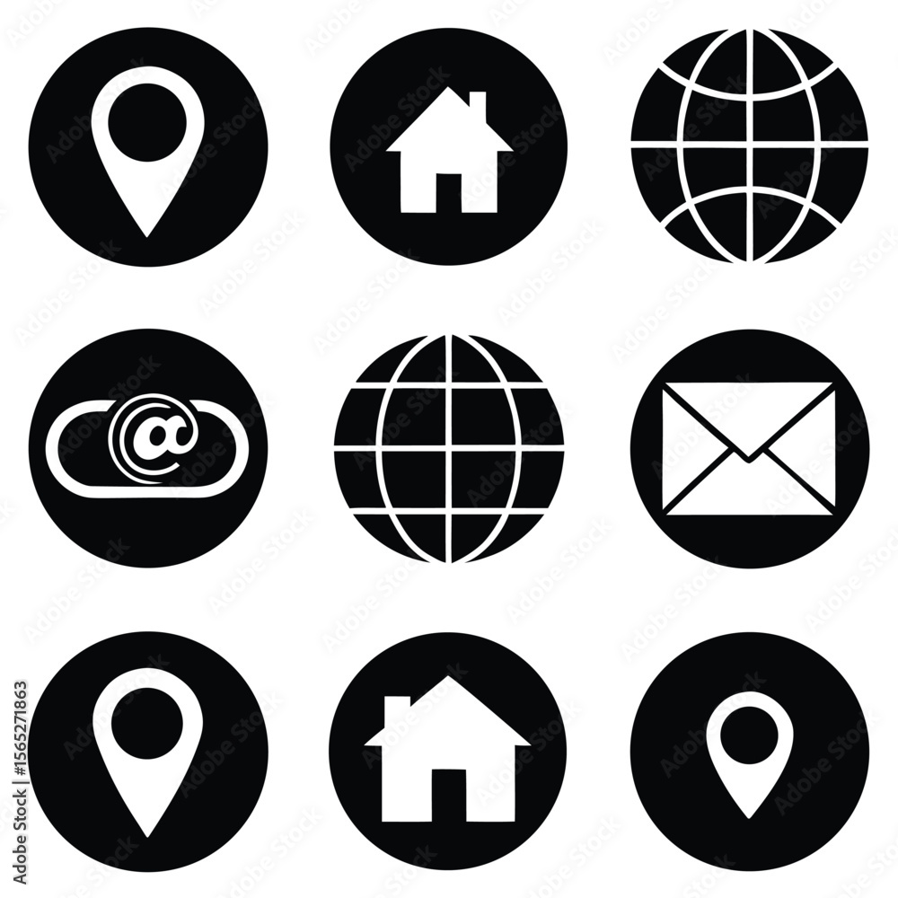 Fototapete icon set for navigation home location globe email phone in solid and outlined styles.