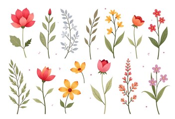 Collection of floral elements in flat color. Set of spring and summer wild flowers, plants, branches, leaves and herb. Hand drawn of blossom vectors for decor, website, graphic and shop.