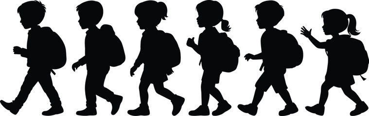 School Kids Silhouettes: Students, Backpacks, Education & Learning Journey Icons