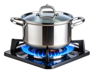 Gas Stove Boiling Pot with Blue Flame and Steam, Efficient Cooking