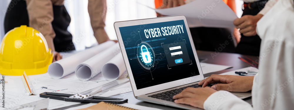 Poster cyber security system on computer screen protect private information brisk from hacker and cyber att