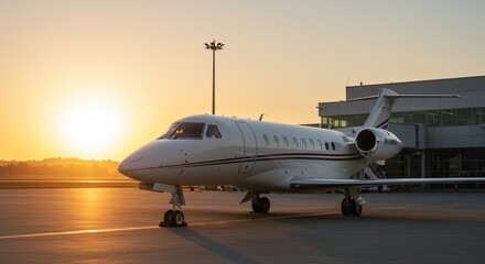Obraz premium Private Jet on Runway at Sunset, Illuminated by Golden Light