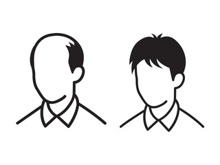 Vector isolated bald man and man with hair, hair transplant for men, colorless black and white flat symbol icon logo infographics on a white background silhouette shadow shape stencil solid black