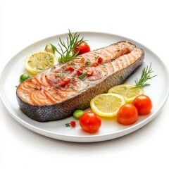 A piece of salmon is on a white plate with tomatoes and lemon slices
