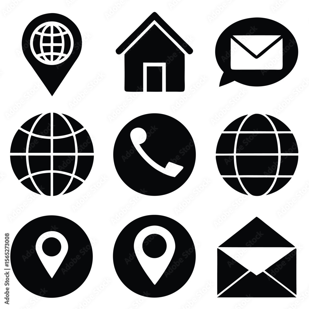 Poster minimal black icons for ui home location globe email phone for navigation.