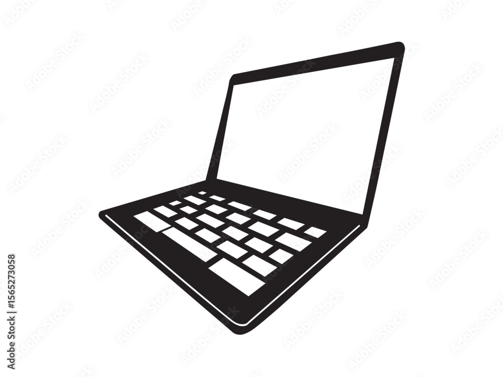 Poster vector isolated one single open laptop with keypad side view colorless black and white outline silho