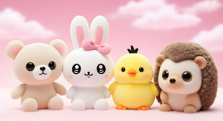 Adorable Kawaii Animals: Bunny, Bear, Chick, Hedgehog