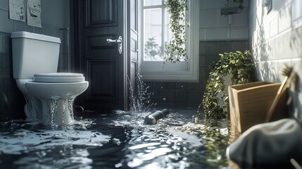 A flooded bathroom with water overflowing from the sink and toilet, tiles reflecting the chaos, water pooling on the floor, insurance claim scenario