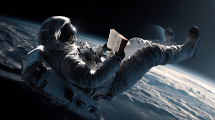 An astronaut in zero gravity reads a book against the backdrop of the Earth, embodying the combination of science and human thought. Soft light, realistic spacesuit, calm and solitude