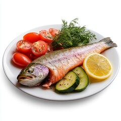 A fish is on a white plate with vegetables and lemon slices