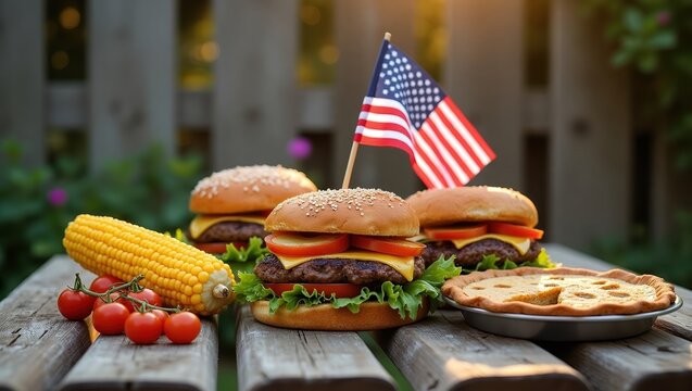 Summer Celebration with American Flag and Grill Food