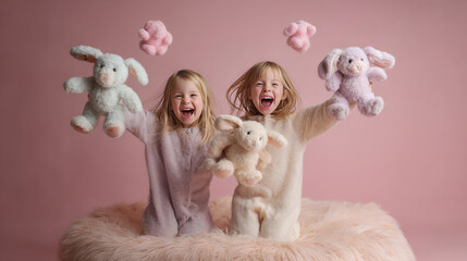 Minimal pink composition with two toddlers and stuffed rabbits captures warmth, serenity, and a bedtime fairytale mood