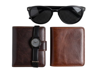 Flatlay of Watch with Wallet and Sunglasses, Fashion