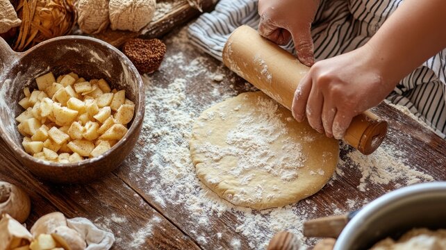 Cozy autumn kitchen baking scene with hands rolling dough and warm rustic elements - Powered by Adobe