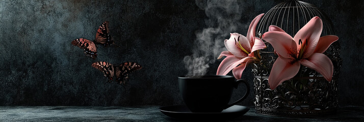 Steaming black tea cup near birdcage decorated with lily butterflies on dark background