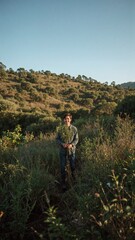 Fototapeta premium A young man standing in a field holding a small tree with a hillside and blue sky in the background