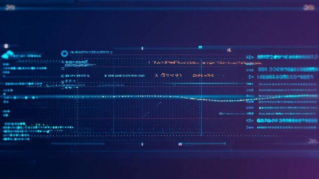 Interface futuriste avec donn&eacute;es num&eacute;riques anim&eacute;es en texte anglais, &eacute;l&eacute;ments d&rsquo;affichage dynamique bleu sur fond sombre d&eacute;grad&eacute;, style technologique simulant une &eacute;volution de data, texte en anglais
