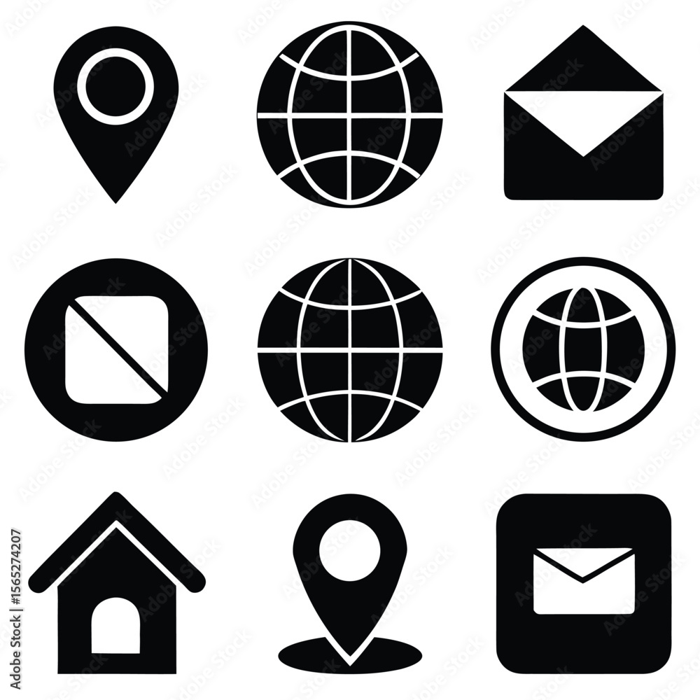 Fototapete minimalist black icon set for navigation home location email phone globe in solid and outlined.