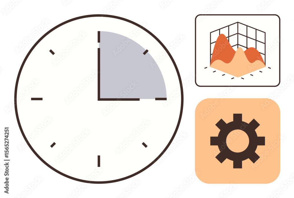 Poster clock showing elapsed time, 3d graph illustrating data visualization, gear icon for process or syste