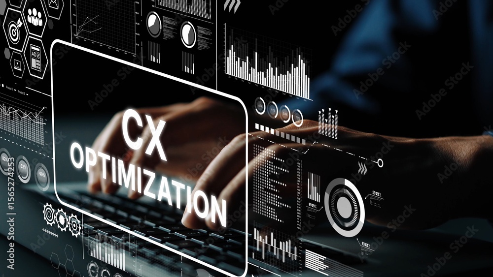 Poster hands typing on keyboard with abstract analytics graphics emphasizing customer experience optimizati