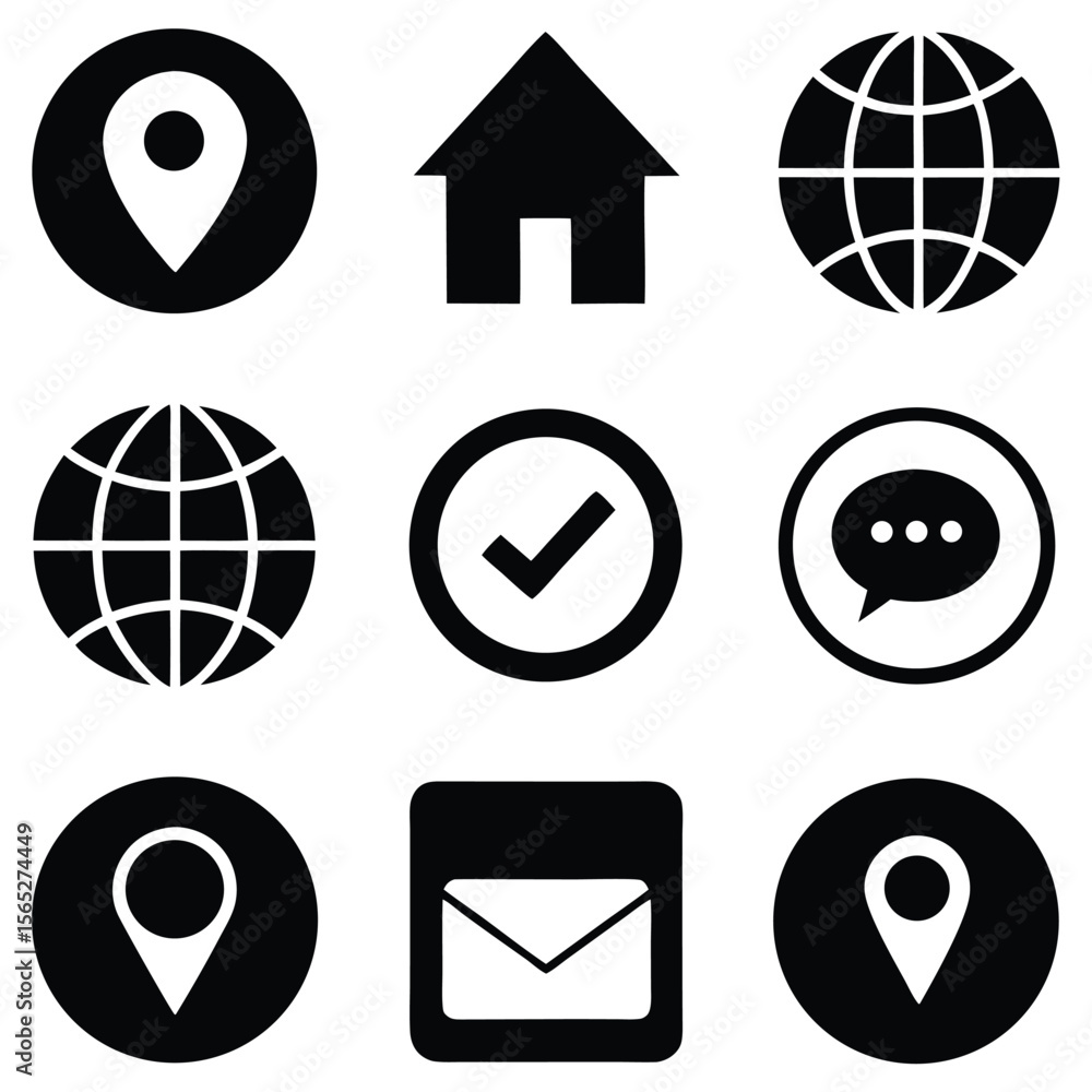 Poster minimalist black icon set for website app navigation home location globe email phone.