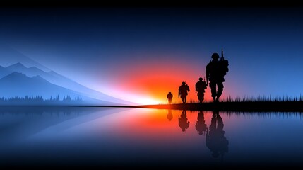 Silhouette of soldiers walking at sunrise over water
