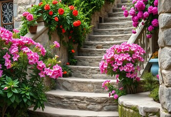 Naklejka premium Pink flowers bloom beside charming, winding stone stairs, beauty, pathway