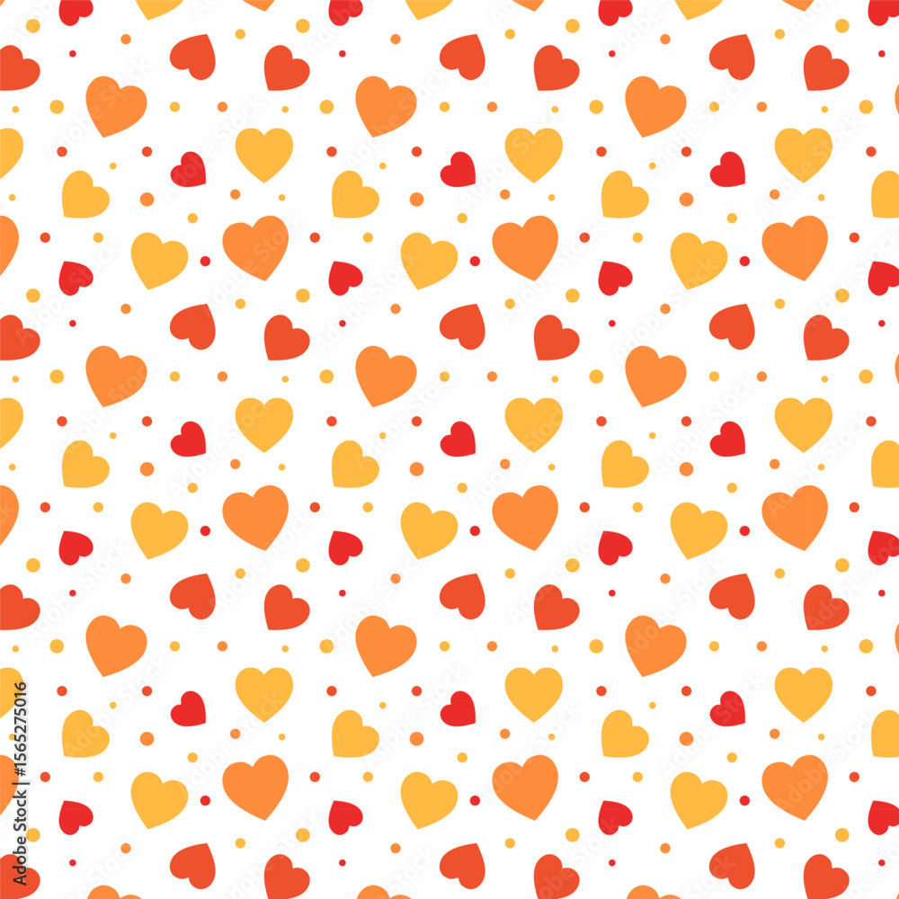 Wall mural autumn fall repeat pattern.seamless pattern with hearts and polka dots in orange yellow red isolated
