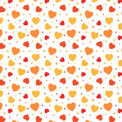 Autumn fall repeat pattern.Seamless pattern with hearts and polka dots  in orange yellow red isolated on white background.Vector graphic cute valentine background.