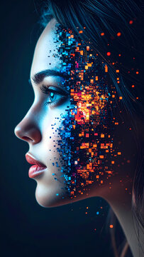 Emotional Cyber-Surreal Half-Face Portrait Dissolving into Digital Pixels
