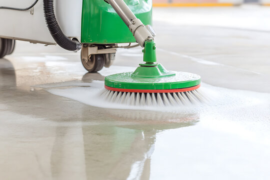 Floor cleaning machine scrubbing wet concrete. Floor care technology for commercial surfaces.