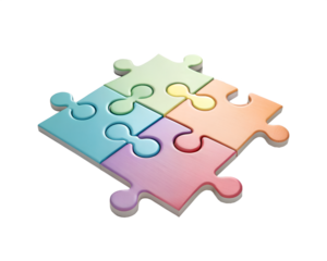 Colorful puzzle pieces arranged on a transparent background. The pieces are in pastel shades of blue, pink, and yellow, showcasing a playful design.