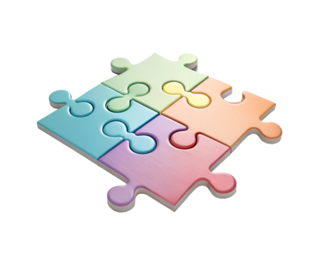 Colorful puzzle pieces arranged on a transparent background. The pieces are in pastel shades of blue, pink, and yellow, showcasing a playful design.