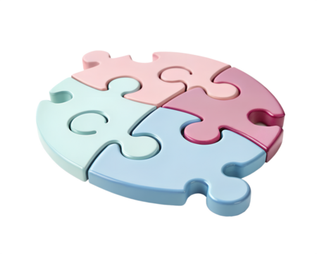 A colorful puzzle piece with a transparent background. The piece is divided into four sections, featuring pink, light blue, and pastel colors.